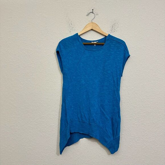 EILEEN FISHER Knit Top Turquoise Sleeveless Linen-Blend Asymmetrical - Picture 1 of 8